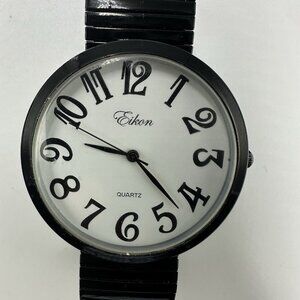 3/$30 Eikon Watch Women Black 42MM Round Dial Stretch Band New Battery 6.75”